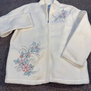 Alfred Dunner Fleece Jacket L Cream Floral Embroidered Rhinestone Full Zip